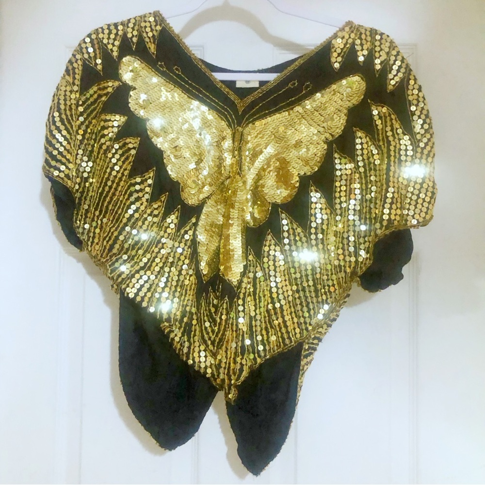 Vintage black silk gold sequin butterfly top sz medium
